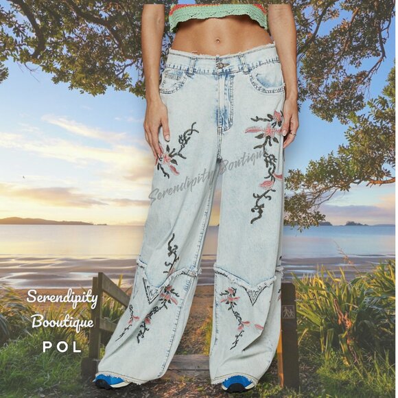 POL Bold Floral Embroider Denim Acid Faded Super Baggy Wide Flare Leg Blue Jeans - Picture 7 of 12